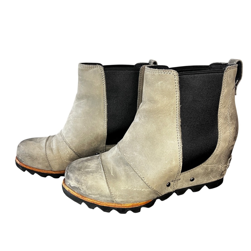Sorel Women's Grey Leather Lea Wedge Ankle Chelsea Boot Size 6.5 Grey Distressed